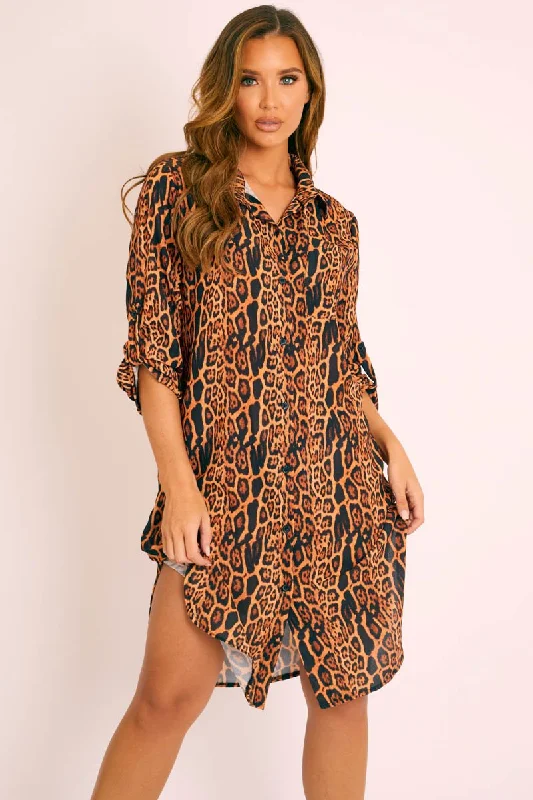 Leopard Print Button Up Sleeve Shirt Dress - Zoey