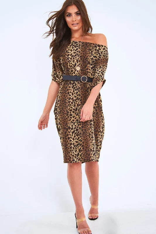 Leopard Slinky Midi T-Shirt Dress - Cambriella