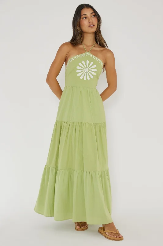 Life Elixir Halterneck Embroidered Maxi Dress Green