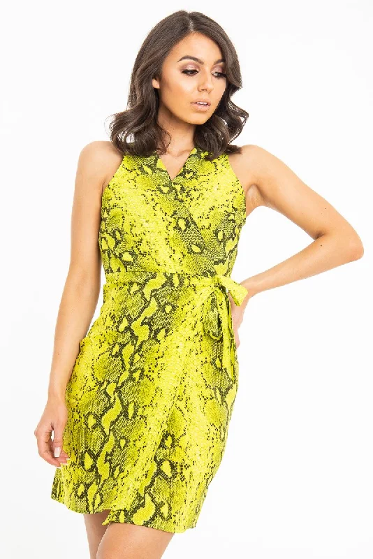 Lime Snake Print Wrap Tie Front Sleeveless Dress - Jayde