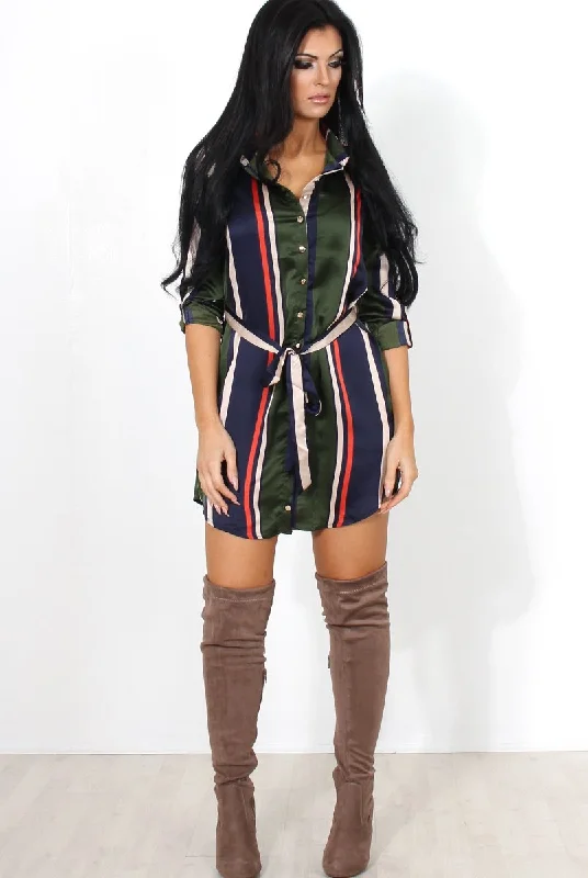 Lizzy Khaki Striped Shirt Dress