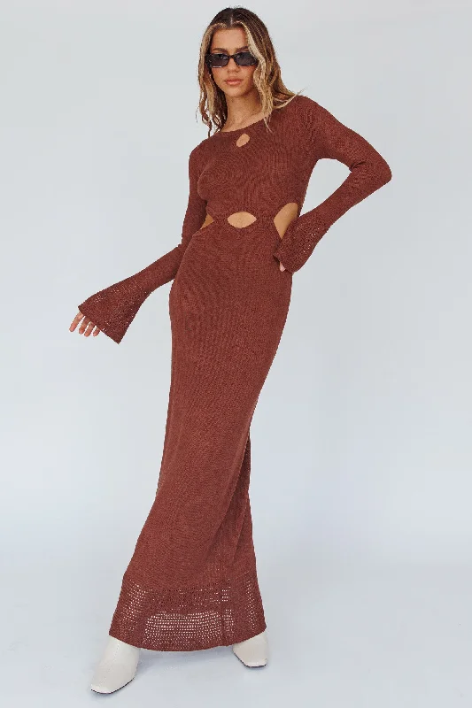 Long Sleeve Cut-Out Knit Maxi Dress Coffee