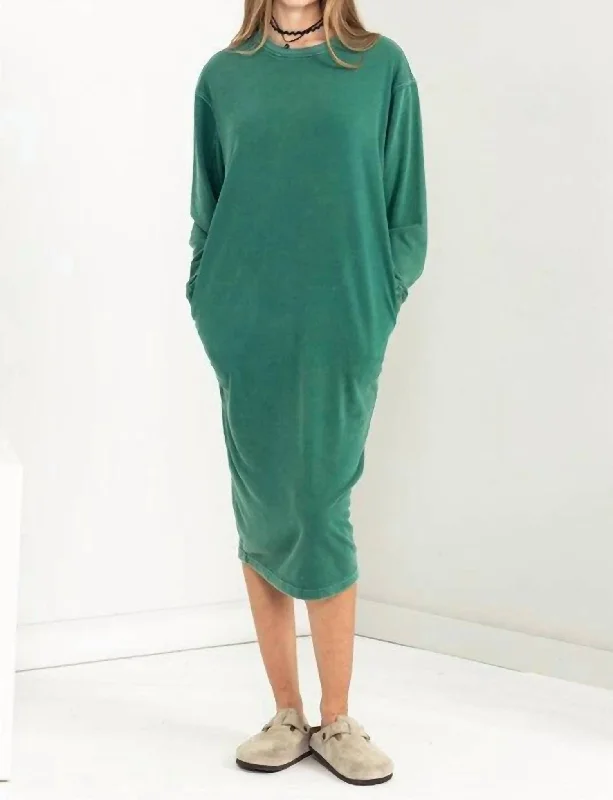 Long Sleeve Midi Sweatshirt Dress In Pine Green