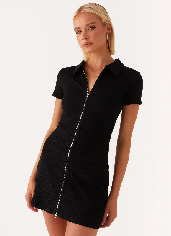 Matter Of Time Zip Front Mini Dress - Black