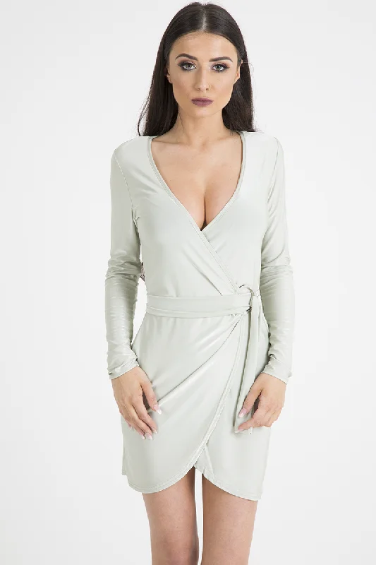 Mint Green Wrap Around Belted Slinky Dress - Cassie