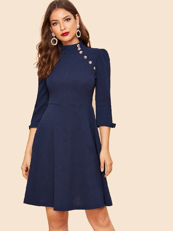 Mock Neck Button Detail Bow Cuff Flare Dress