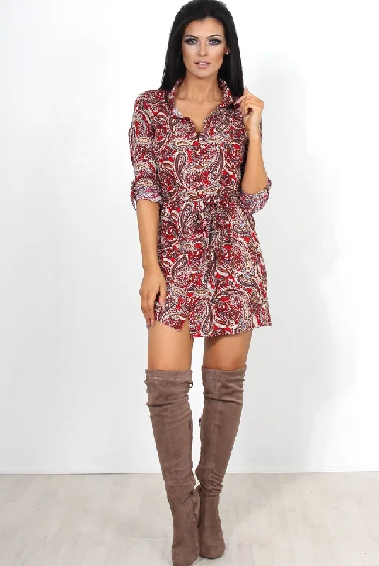 Mona Red Paisley Print Shirt Dress