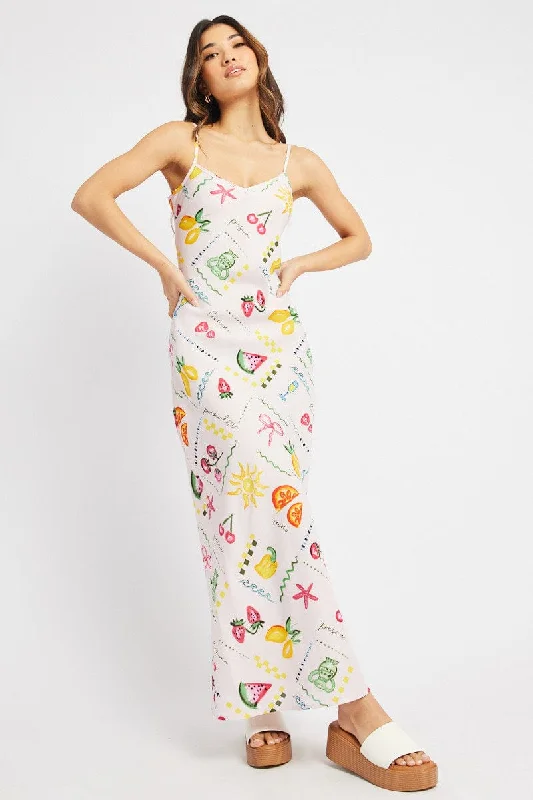 Multi Abstract Maxi Dress Bias Cut