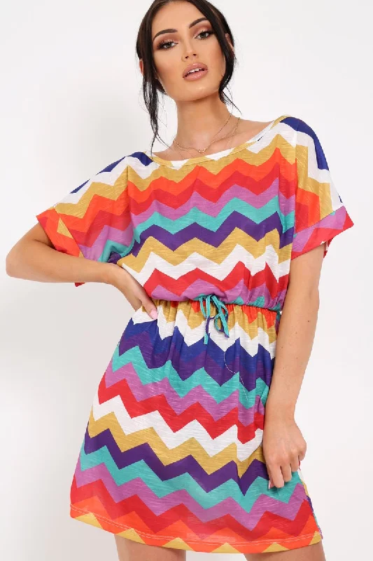 Multi Coloured Zig Zag Tie Waist T Shirt Dress - Maegan