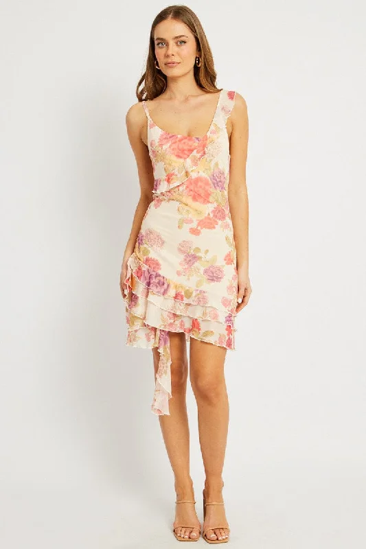 Multi Floral Bodycon Dress Ruffle Hem Mini Mesh