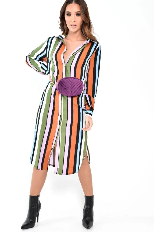 Multi Stripe Button Down Shirt Dress - Wryn