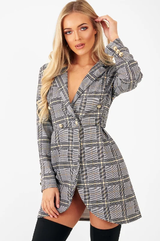 Mustard Black Check Wrap Blazer Dress - Emry