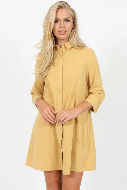 Mustard Button Front Shirt Dress - Mina