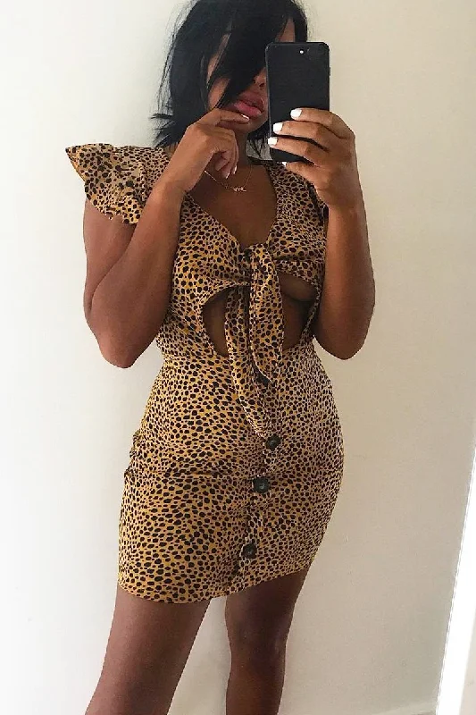 Mustard Leopard Print Tie Button Front Bodycon Dress - Aaira