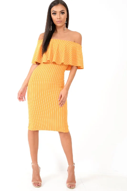 Mustard Pinstripe Frill Bardot Bodycon Midi Dress -Jovey