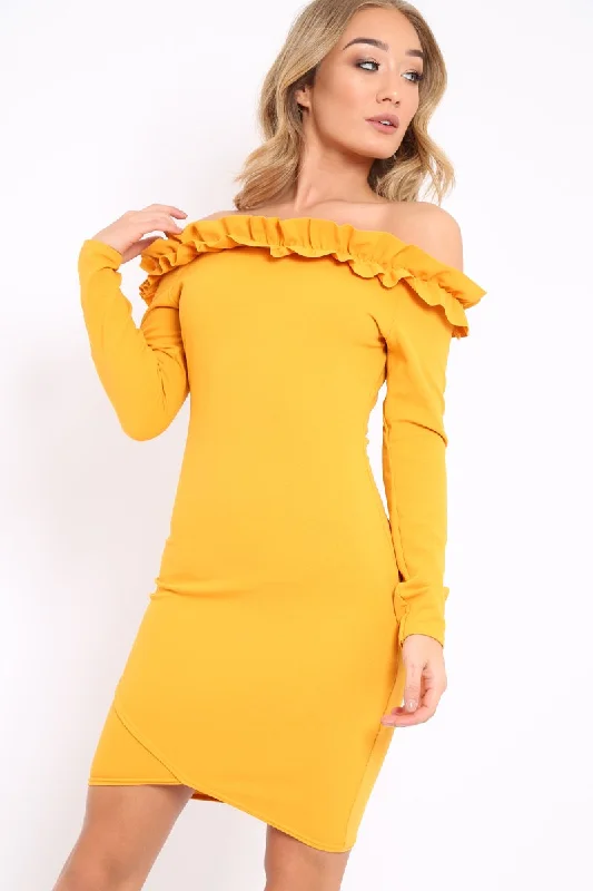 Mustard Ruffle Bardot Bodycon Dress - Alix