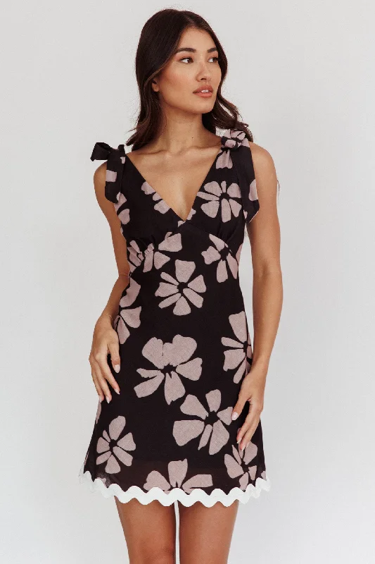 Mykonos Morning Tied Shoulder Mini Dress Floral Black