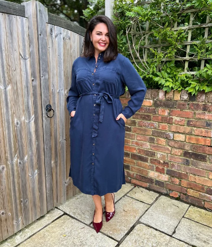 Navy Tencel Belted Midi Shirt Dress