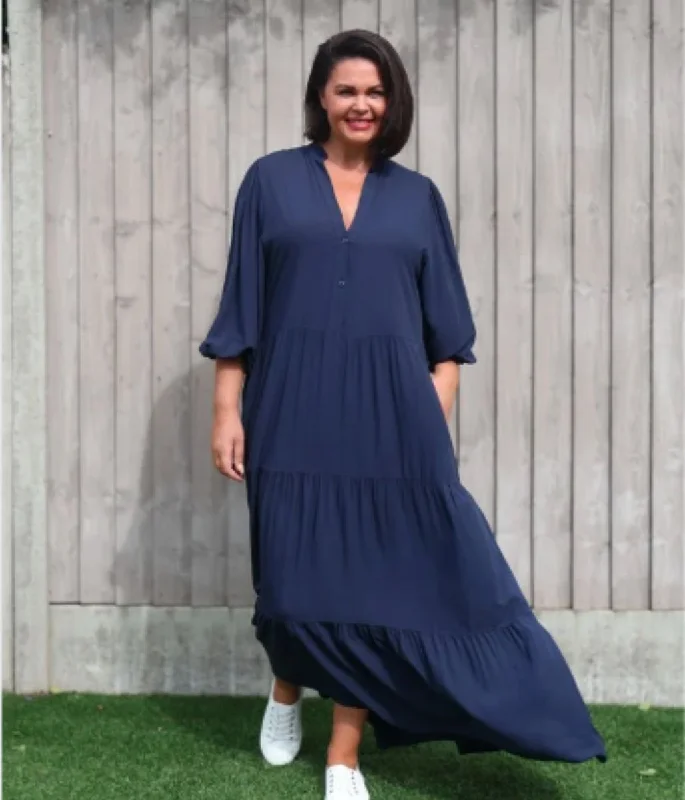 Navy Tiered Maxi Shirt Dress