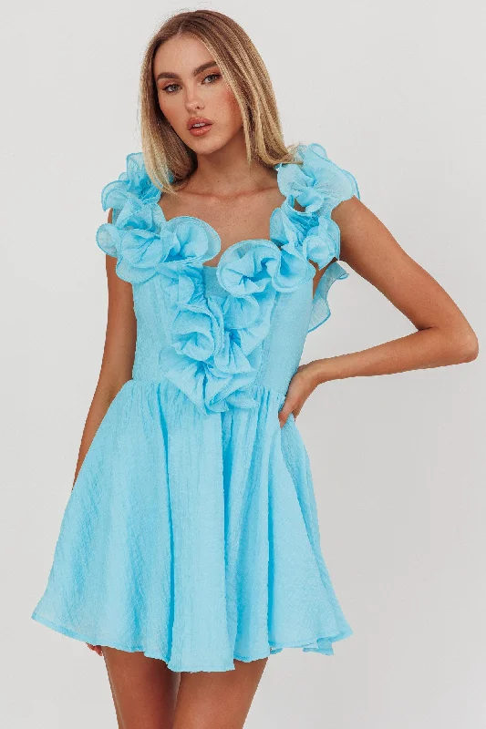 Nivaya Ruffle Neckline Mini Dress Ocean