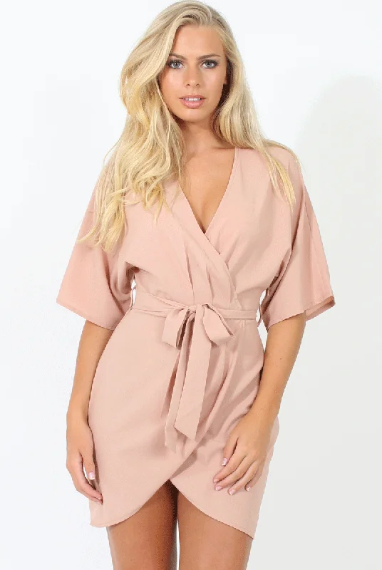 Nude Wrap Around Pleated Tie Waist Dress - Lilith