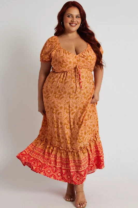 Orange Boho Puff Sleeve Boho Printed Maxi Dress High Low Hem