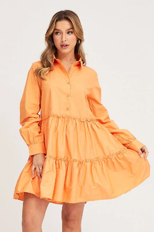 Orange Shirt Dress Long Sleeve Mini