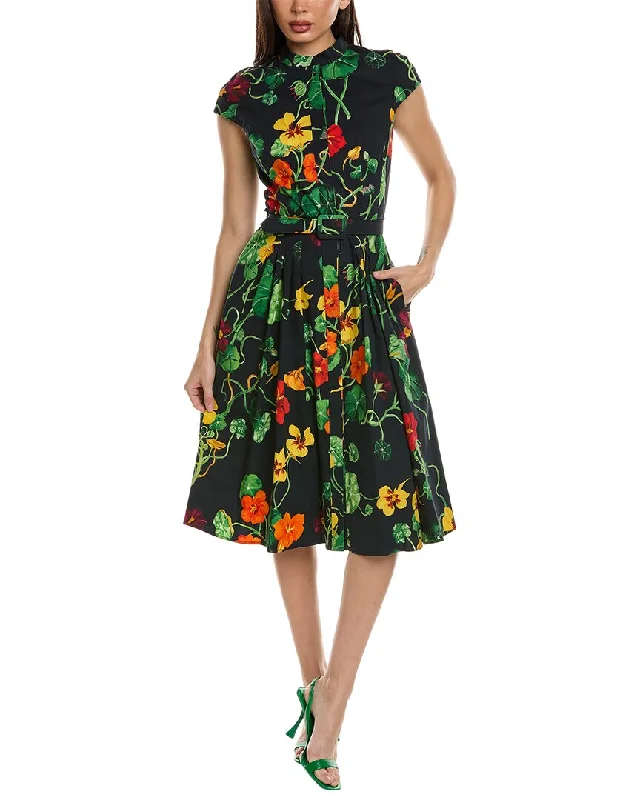 Oscar de la Renta Cap Sleeve Nasturtium Poplin Shirtdress