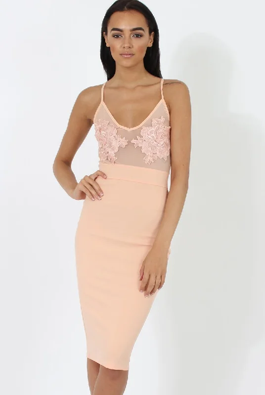 Peach Applique Mesh Bodycon Dress - Tallulah