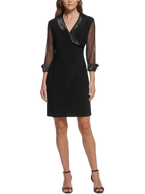 Petites Womens Illusion Faux Wrap Sheath Dress