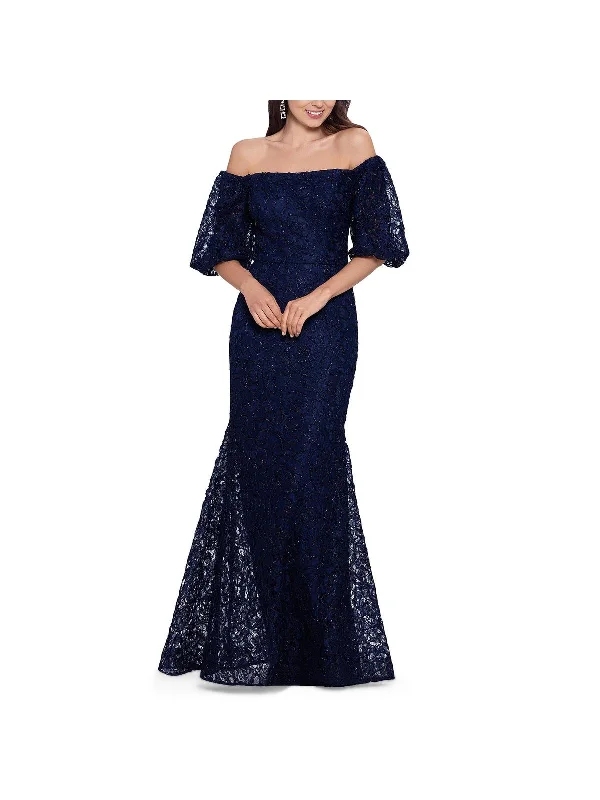 Petites Womens Lace Maxi Evening Dress