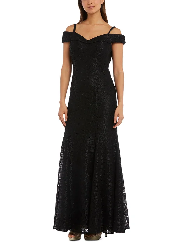 Petites Womens Off-The-Shoulder Lace Evening Dress