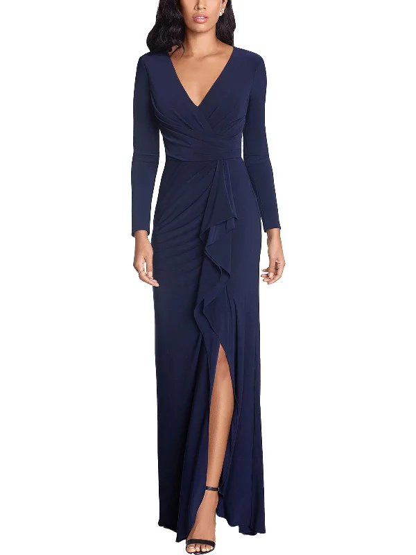 Petites Womens Surplice Long Evening Dress