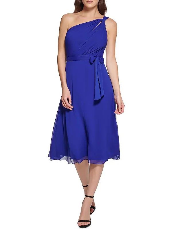 Petites Womens Tie Waist Knee Cocktail and Party Dress