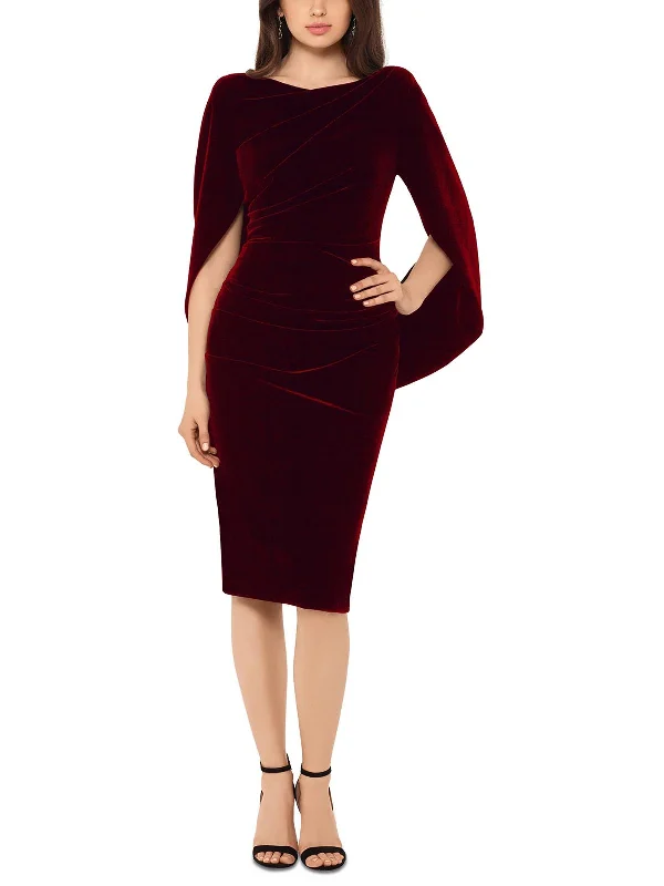 Petites Womens Velvet Cape Sleeves Cocktail and Party Dress