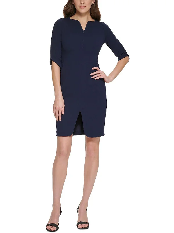 Petites Womens Zippered Elbow Sleeves Sheath Dress