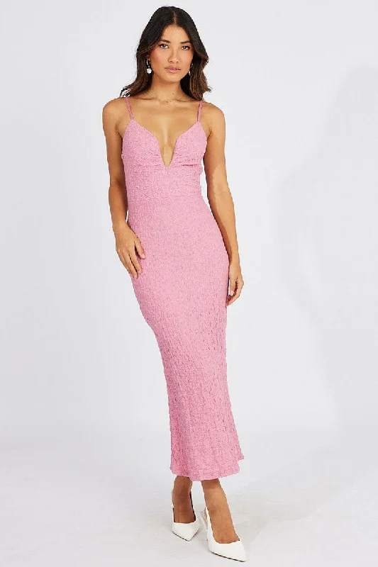 Pink Bodycon Dress Strappy Textured Fabric