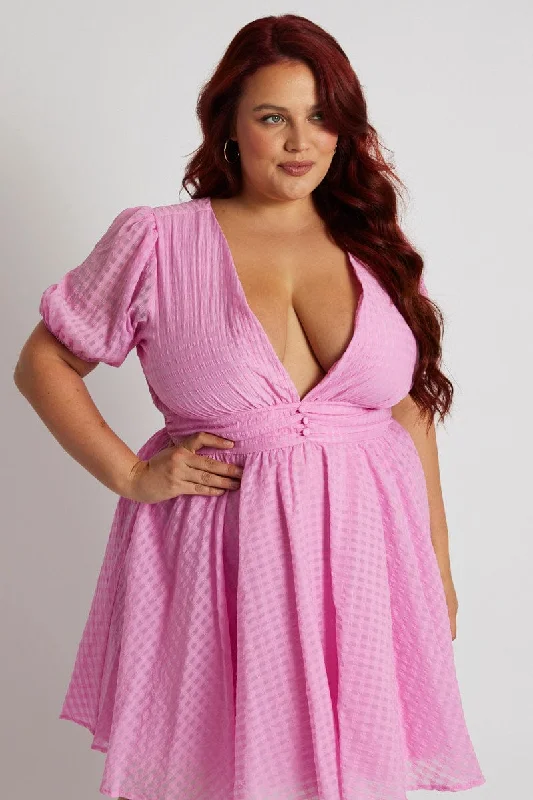 Pink Fit And Flare Dress Short Sleeve