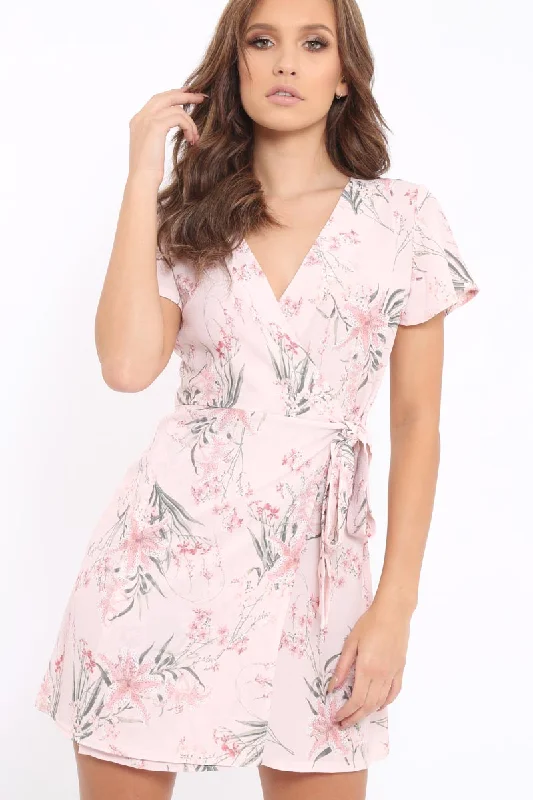 Pink Floral Print Wrap Dress - Norie