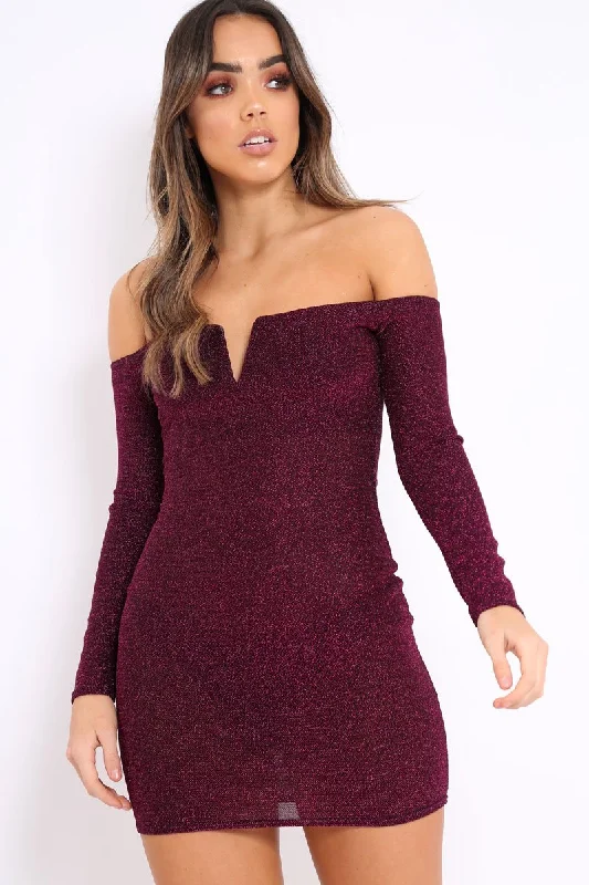 Pink Glitter Bardot Bodycon Dress - Everly