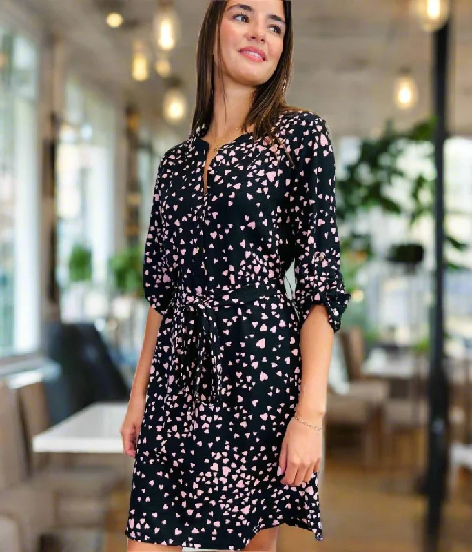 Pink Heart Print Belted Shirt Dress