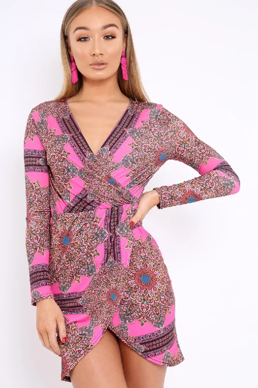 Pink Paisley Print Slinky Wrap Dress - Denise