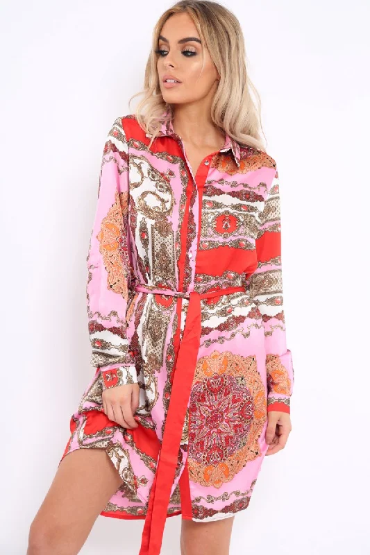 Pink Satin Paisley Print Button Front Shirt Dress - Hailie