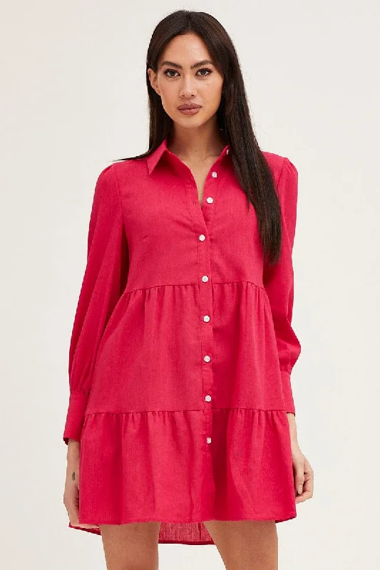 Pink Shirt Dress Long Sleeve Button Front