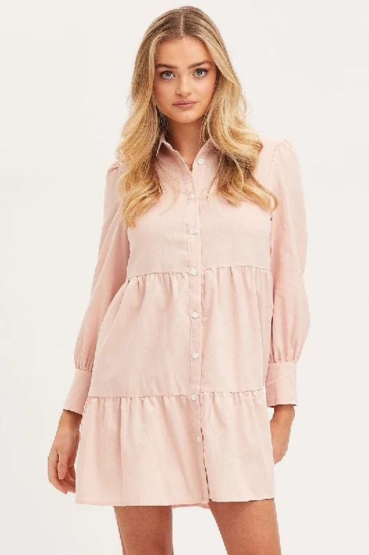 Pink Shirt Dress Long Sleeve Button Front