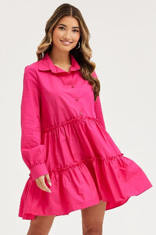 Pink Shirt Dress Long Sleeve Mini