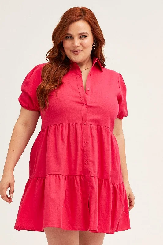 Pink Shirt Dress Puff Sleeve Button