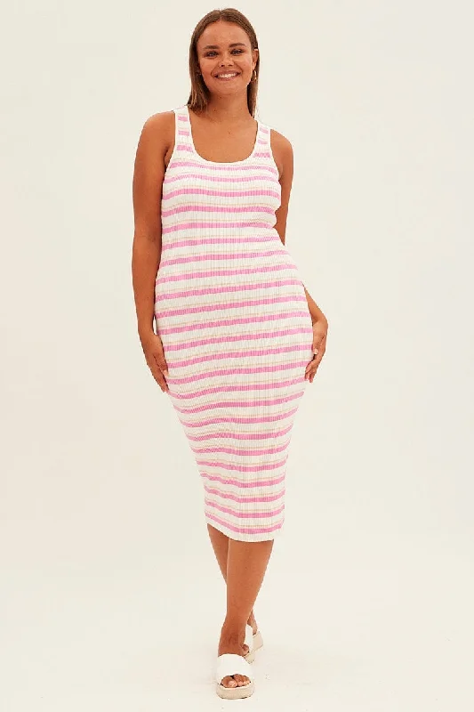 Pink Stripe Knit Dress Sleeveless Bodycon