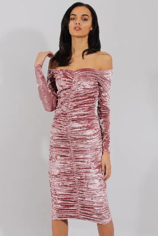 Pink Velvet Ruched Bardot Bodycon Dress - Louise