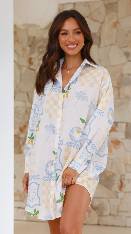 Piper Shirt Dress - Blue / Yellow Holiday Print